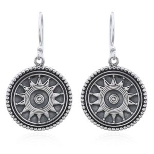 A pair of dharma wheel oxidized 925 silver dangle earrings