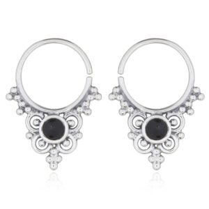 A pair of boho septum antiqued hoop black stone earrings 925 silver