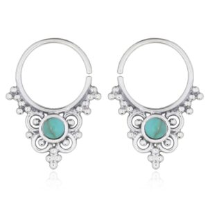 A pair of boho septum antiqued hoop green stone earrings 925 silver