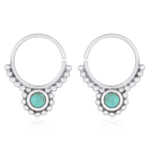 A pair of dotted boho green stone septum 925 hoop silver earrings