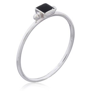 A dainty black square stone sterling silver stack ring