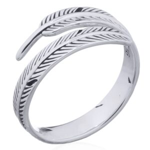 A sterling silver feather adjustable wrap ring