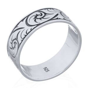 A swirl engraved sterling silver band ring