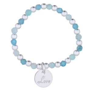 An amazonite blue apatite beaded silver stretch ring with love tag