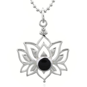 A synthetic black stone lotus lay out silver pendant