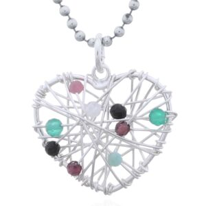 A wire wrapped heart mixed gemstones 925 silver pendant