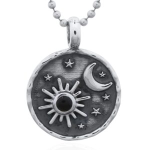 A sun, moon and star sterling silver synthetic black pendant