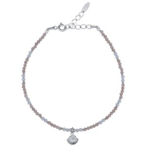 A silver shell charm rainbow moonstone and rhodonite bracelet