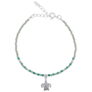 A 925 silver peridot and green agate beaded bracelet with turtle charm