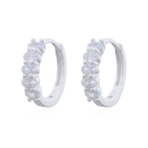 A pair of hinged round sterling silver hoop earrings with oval cz stones