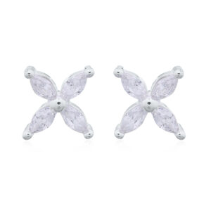 A pair of 925 silver four petal flower in bloom cz stud earrings