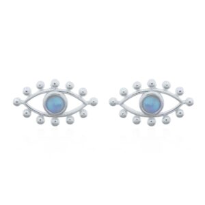 A pair of synthetic light blue opal dotted evil eye 925 silver stud earrings