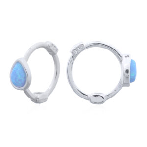 A pair of mini teardrop blue opal 925 sterling silver huggie earrings