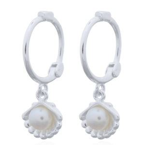 A pair of dangling shell with freshwater pearl 925 silver hoop earrings