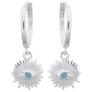 A pair of evil eye ornate synthetic turquoise huggie earrings 925 silver