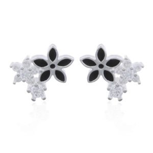 A pair of pave cz and black enamel flowers 925 silver studs