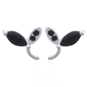 A pair of black cz leaf flower on stem 925 silver studs