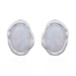 A pair of oval opal on organic shape setting silver stud earrings