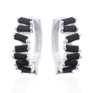 A pair of rectangular black cz stone row silver hoop earrings