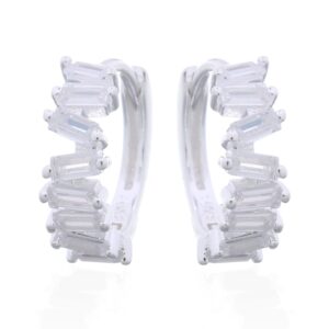 A pair of rectangular clear cz stone row silver hoop earrings