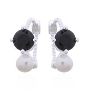 A pair of 925 silver rope hoop earrings black cz and freshwater pearl