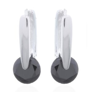 A pair of hinged silver hoop earrings floating black cubic zirconia