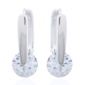 A pair of hinged silver hoop earrings floating clear cubic zirconia