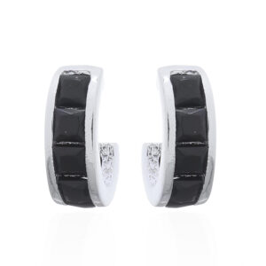 A pair of open hoop silver stud earrings channel set black cz stones