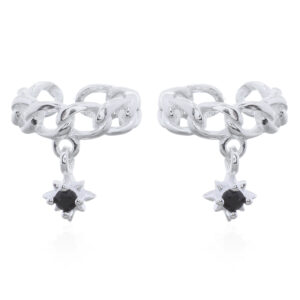 A pair of curb chain shape silver ear cuffs with dangling black cz