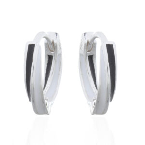 A pair of twisted silver huggie earrings black and white enamel