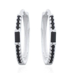 A pair of oval 925 silver hinged hoop earrings rectangular black cz stone