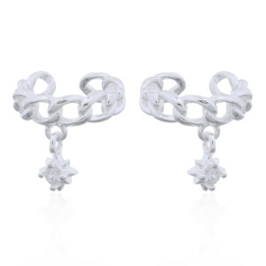 A pair of curb chain shape silver ear cuffs with dangling clear cz