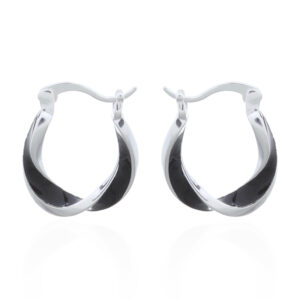 A pair of u shaped twisted silver hoop earrings black enamel
