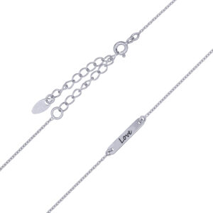 A silver chain necklace with "love" disc plate