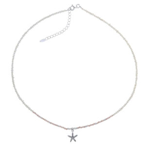 A silver starfish charm freshwater pearl and rhodonite beaded necklace