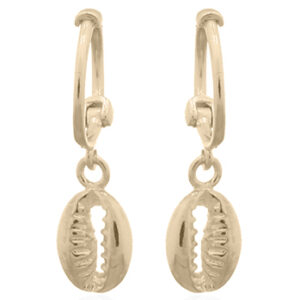 A pair of cowrie shell dangling gold plated huggie hoop earrings