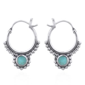 A pair of synthetic green stone dotted boho 925 silver hoop earrings