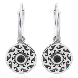 A pair of wave disc black stone sterling silver dangle earrings