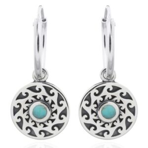 A pair of wave disc green stone sterling silver hoop earrings