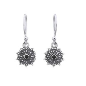 A pair of black synthetic stone sunflower silver dangle earrings