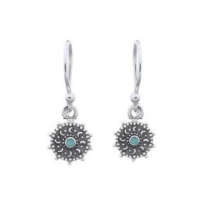A pair of synthetic turquoise sunflower silver dangle earrings