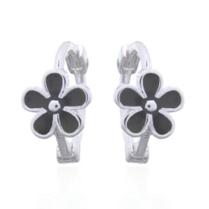 A pair of black enamel flower 925 sterling silver huggie hoop earrings
