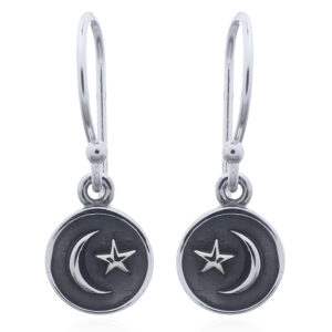 A pair of oxidized crescent moon and star 925 sterling silver dangle earring
