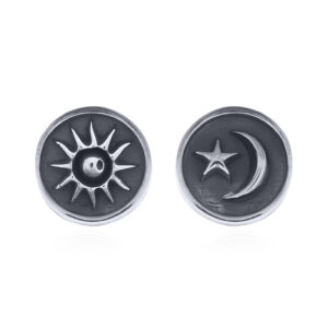 A pair of 925 sterling silver sun, moon and star in disc stud earrings