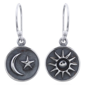 A pair of oxidized sun, moon and star 925 sterling silver dangle earrings