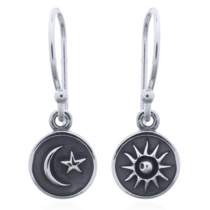 A pair of 925 sterling silver petite sun, moon and star in disc dangle earrings