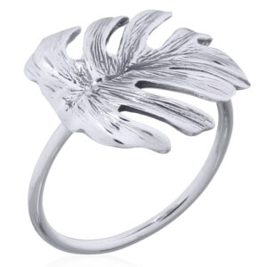 A monstera tropical leaf sterling silver ring