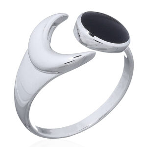 A parallel crescent moon and round black stone silver ring