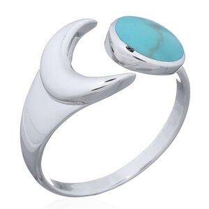 A parallel crescent moon and round green stone silver ring