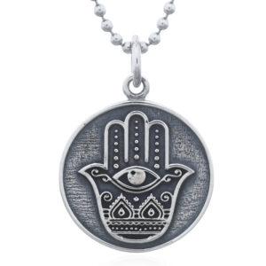 A 925 sterling silver oxidized hamsa hand and evil eye in disc pendant